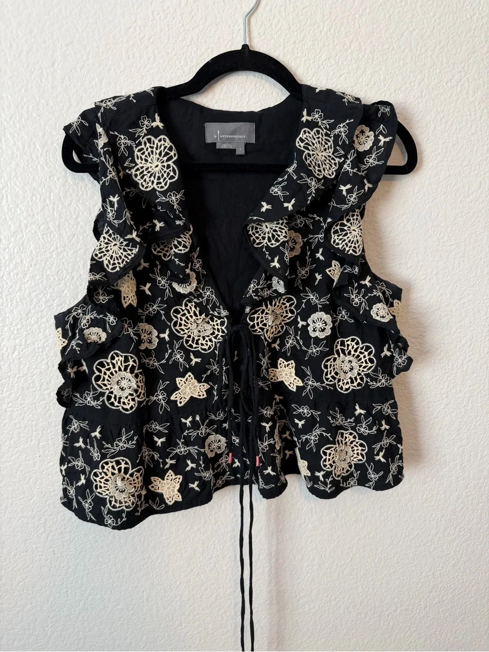 Anthropologie Black Embroidered Ruffle Tie-Front Top - Picture 4 of 7